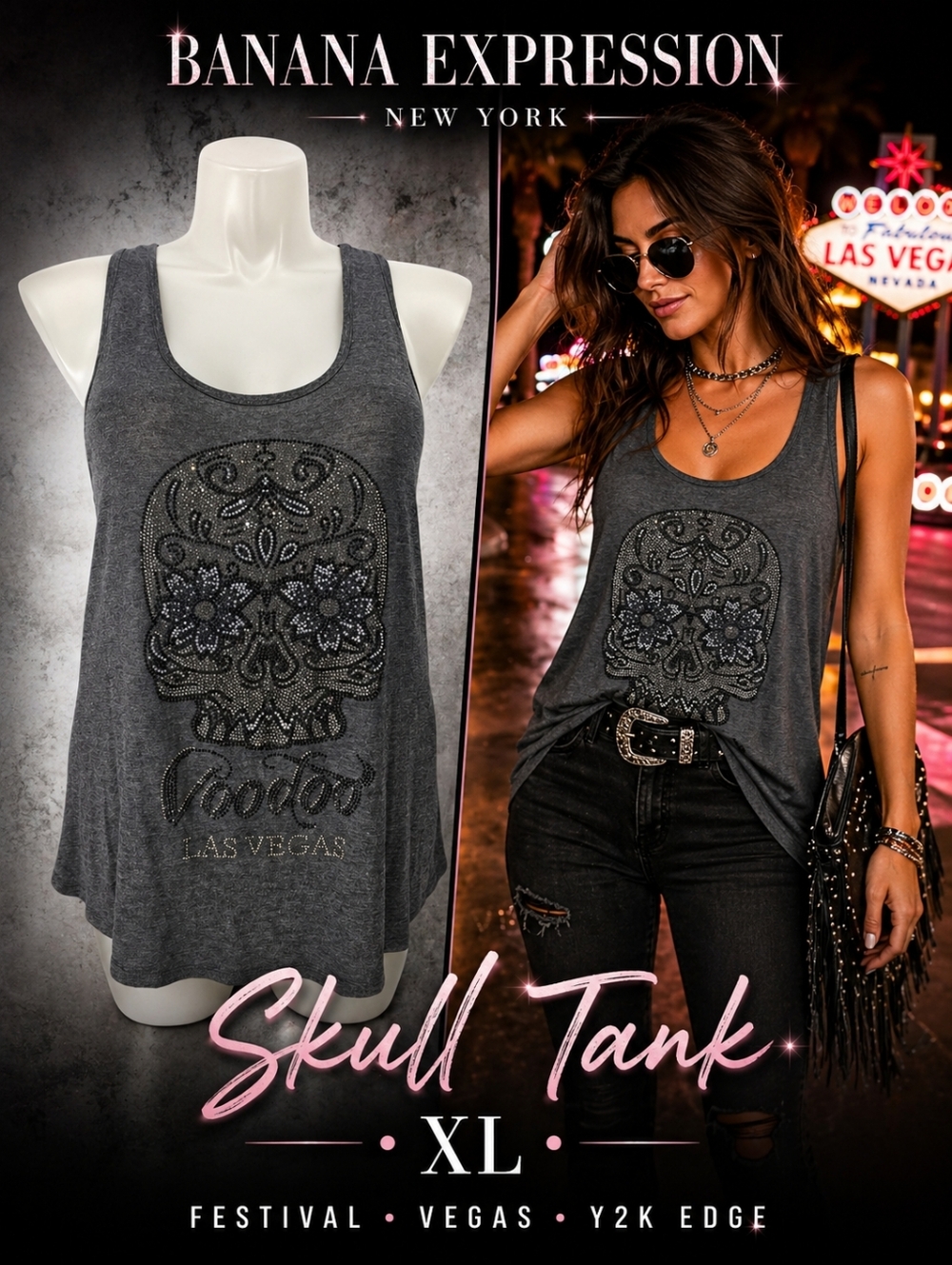 Banana Expression Sequin Skull Tank Gray Rhinestone Vegas XL